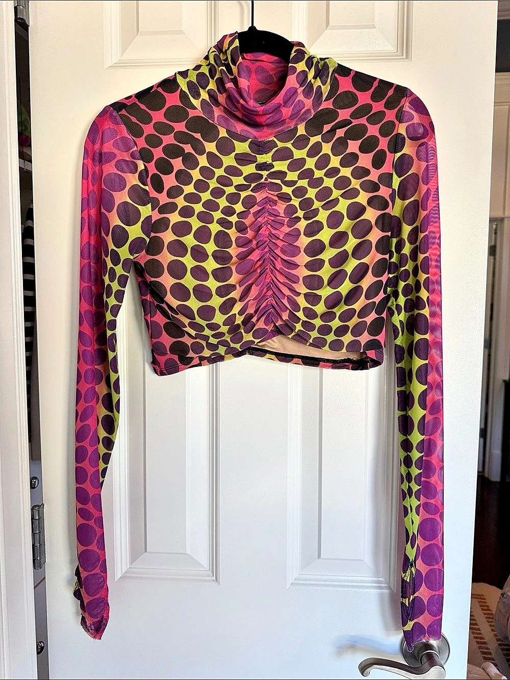 Long Sleeve Animal Print Crop Top in Pink & Green